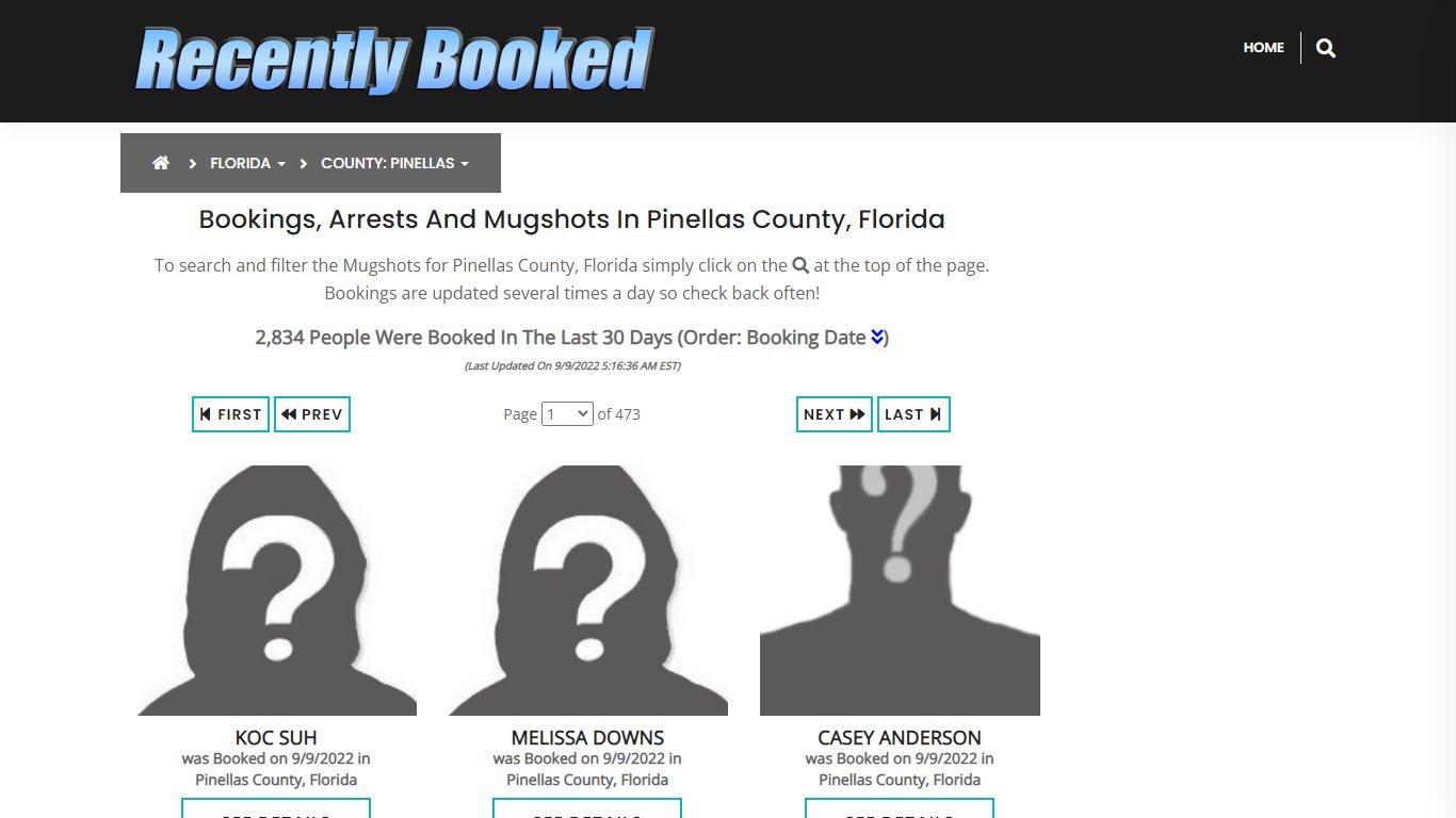 Recent bookings, Arrests, Mugshots in Pinellas County, Florida